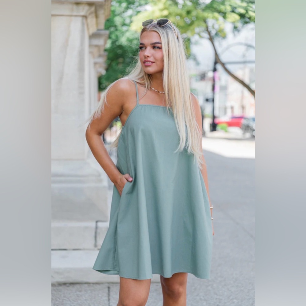 Sage Green Spaghetti Strap Mini Dress with pockets!